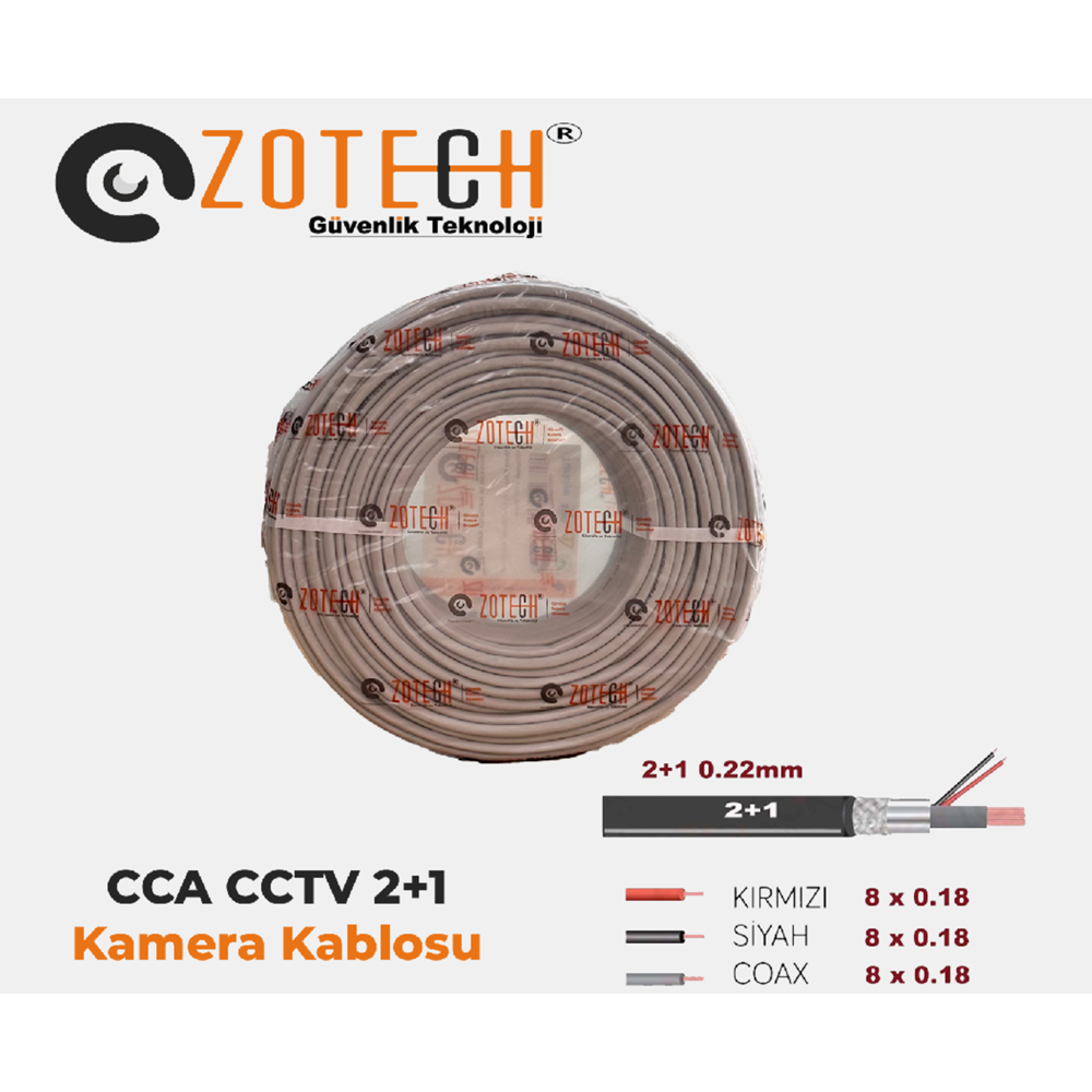 Zotech 2022100 2+1 0,22mm CCA CCTV Kablo 100Metre (8x0.18)